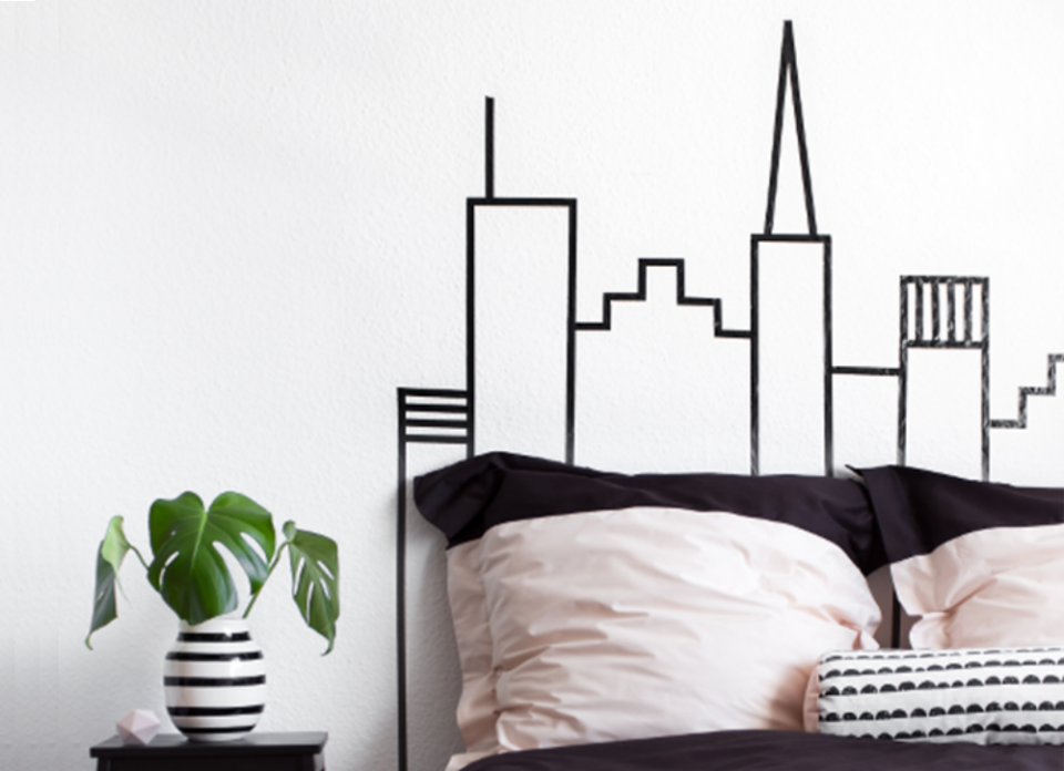 <body> <p>Washi tape can work wonders in temporary home decorating. Using the <a rel="nofollow noopener" href=" http://www.bobvila.com/slideshow/10-ways-to-fill-a-blank-wall-for-under-20-49429?bv=yahoo" target="_blank" data-ylk="slk:blank wall;elm:context_link;itc:0;sec:content-canvas" class="link ">blank wall</a> above your bed, let your imagination soar to design a headboard alternative that's cost-efficient and visually interesting. Whether you go for a geometric pattern or the city skyline shown here, there are no limitations on what you can do with this super-easy headboard hack. </p> <p><strong>Related: <a rel="nofollow noopener" href=" http://www.bobvila.com/slideshow/20-insanely-easy-60-minute-home-improvements-46272?bv=yahoo" target="_blank" data-ylk="slk:20 Insanely Easy 60-Minute Home Improvements;elm:context_link;itc:0;sec:content-canvas" class="link ">20 Insanely Easy 60-Minute Home Improvements</a> </strong> </p> </body>