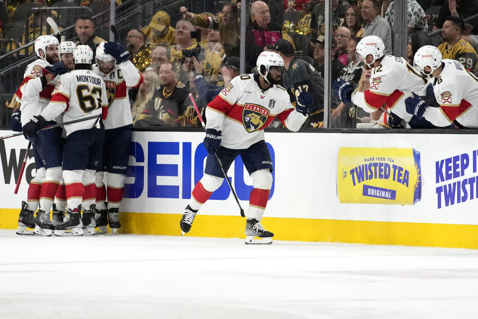 Florida Panthers left wing Anthony Duclair (10) celebrates his goal against the Vegas Golden Knights during the second period of Game 1 of the NHL hockey Stanley Cup Finals, Saturday, June 3, 2023, in Las Vegas. (AP Photo/John Locher)