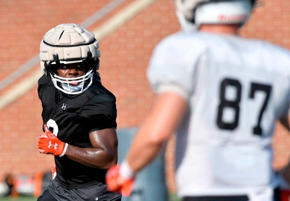 Mercer linebacker Lance Wise Jr. participates in a defensive drill during a team practice Aug. 15. The Bears open the season against North Alabama in Montgomery Aug. 26.