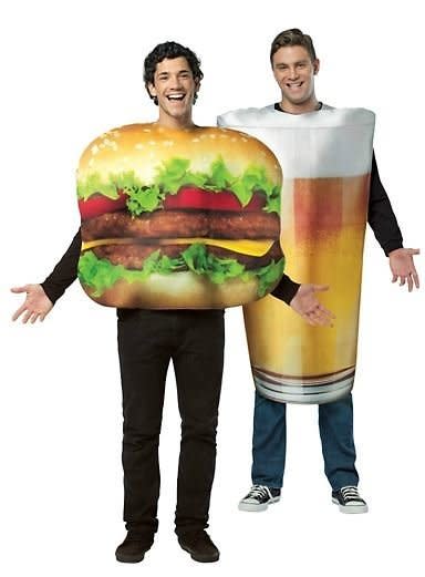 Perhaps the two of you want a fun (and accurate) Halloween costume. So go as your two favourite food groups: Beer and burgers.   <a href="http://www.partycity.com/product/beer+and+burger+couples+costumes.do?navSet=170386" target="_blank">Get it here.</a>