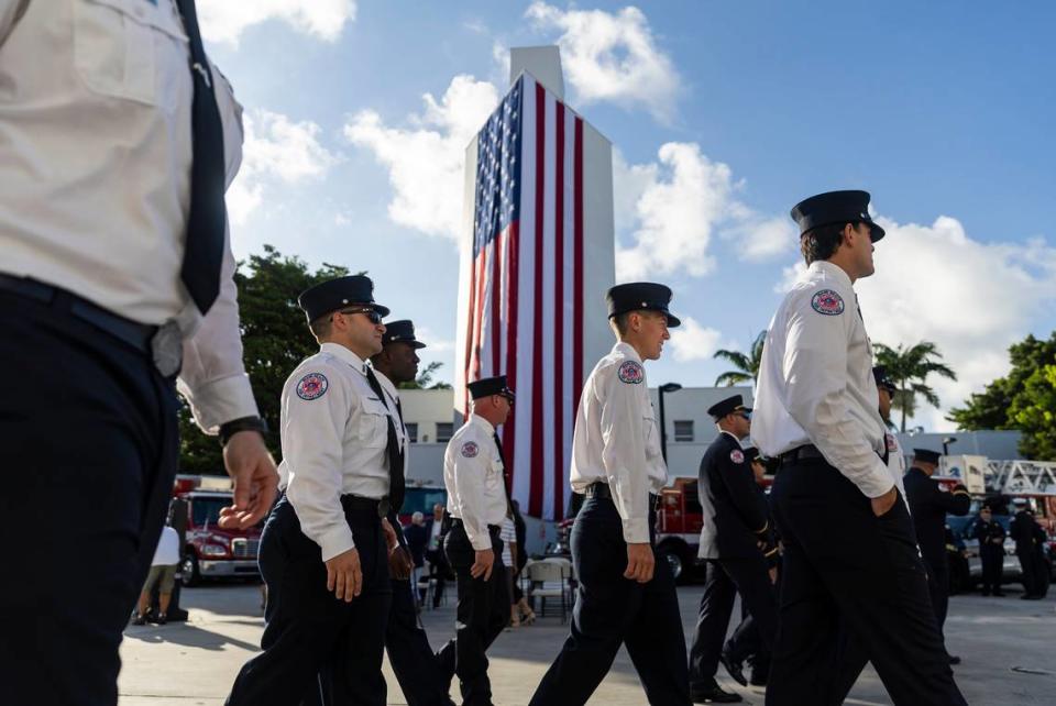 Miami Beach Firefighters attend a September 11, 2001, remembrance ceremony at Fire Station 2 on Monday, Sept. 11, 2023, in Miami Beach, Fla.