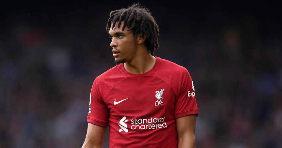   Liverpool star Trent Alexander-Arnold looks on during the Premier League match between Everton FC and Liverpool FC at Goodison Park on September 03, 2022 in Liverpool, England. 