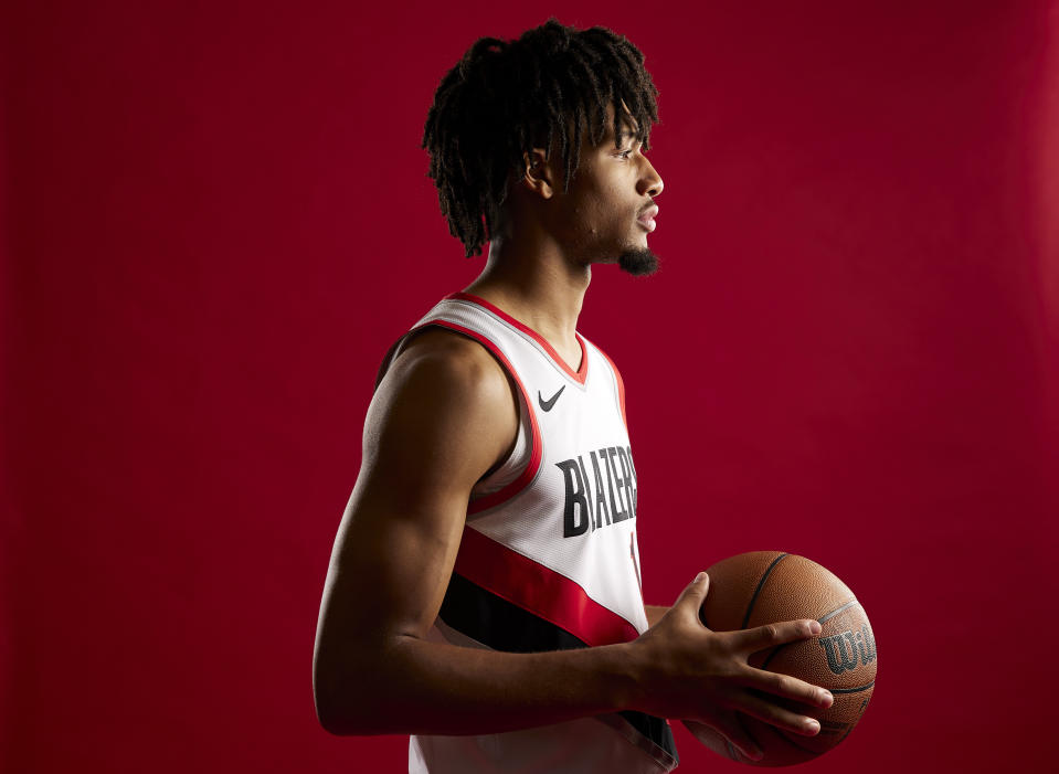 Portland Trail Blazers guard Shaedon Sharpe poses for a portrait during the NBA basketball team's media day in Portland, Ore., Monday, Oct. 2, 2023. (AP Photo/Craig Mitchelldyer)