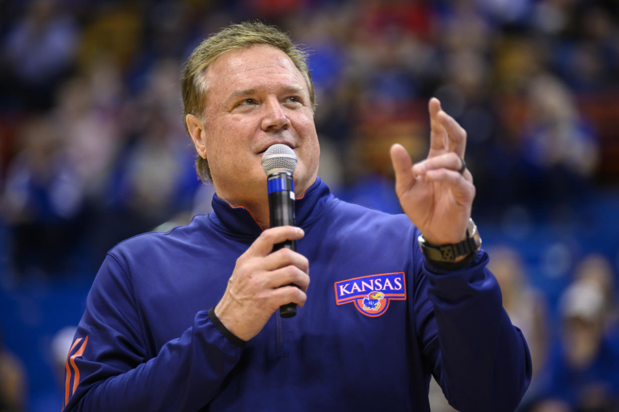 Kansas head coach Bill Self speaks to the crowd after they clinched a share of the Big 12 regular-season championship with a win over Texas Tech in an NCAA college basketball game in Lawrence, Kan., Tuesday, Feb. 28, 2023. (AP Photo/Reed Hoffmann
