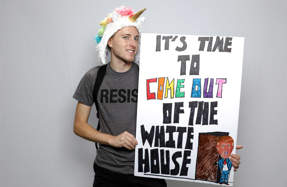 <p>Tommy Craven, 24, poses for a portrait during the Resist March against President Donald Trump in West Hollywood, California, U.S., June 11, 2017. Tommy said: “When you see people out at Pride representing trans rights, representing gay rights, representing everybody’s rights, none of that is inclusive in anything that he’s putting forward. How do you expect our country to be great if a large part of the population is being kept out of that equation?” (Photo: Lucy Nicholson/Reuters) </p>