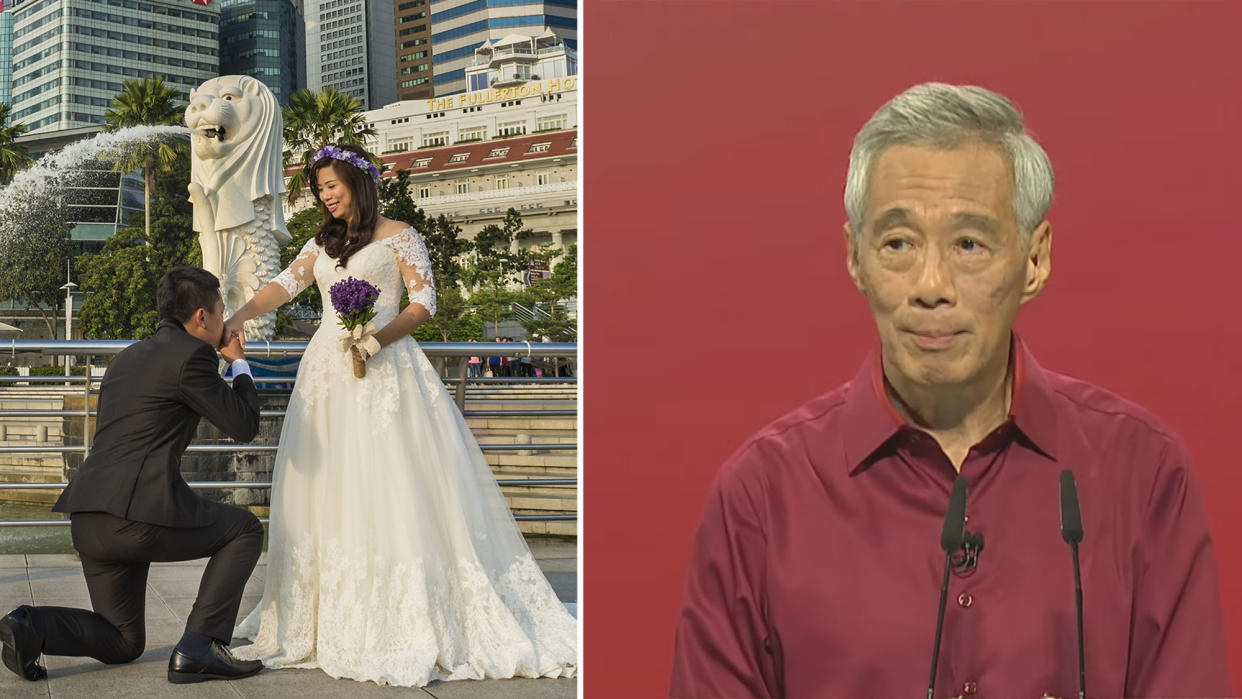 Composite image of a couple in wedding attire in front of the Merlion in Singapore and PM Lee during the National Day Rally 2022. (PHOTO/SCREENSHOT: Getty Images, Prime Minister's Office YouTube)