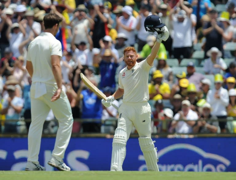 England's Jonny Bairstow celebrates reaching his century on day two of the third Ashes Test match against Australia in Perth on December 15, 2017