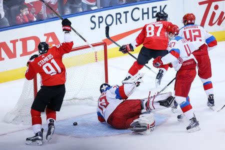 Sep 24, 2016; Toronto, Ontario, Canada; Team Canada centre Sidney Crosby (87) celebrates his first period goal against Team Russia during a semifinal game in the 2016 World Cup of Hockey at Air Canada Centre. Mandatory Credit: Kevin Sousa-USA TODAY Sports