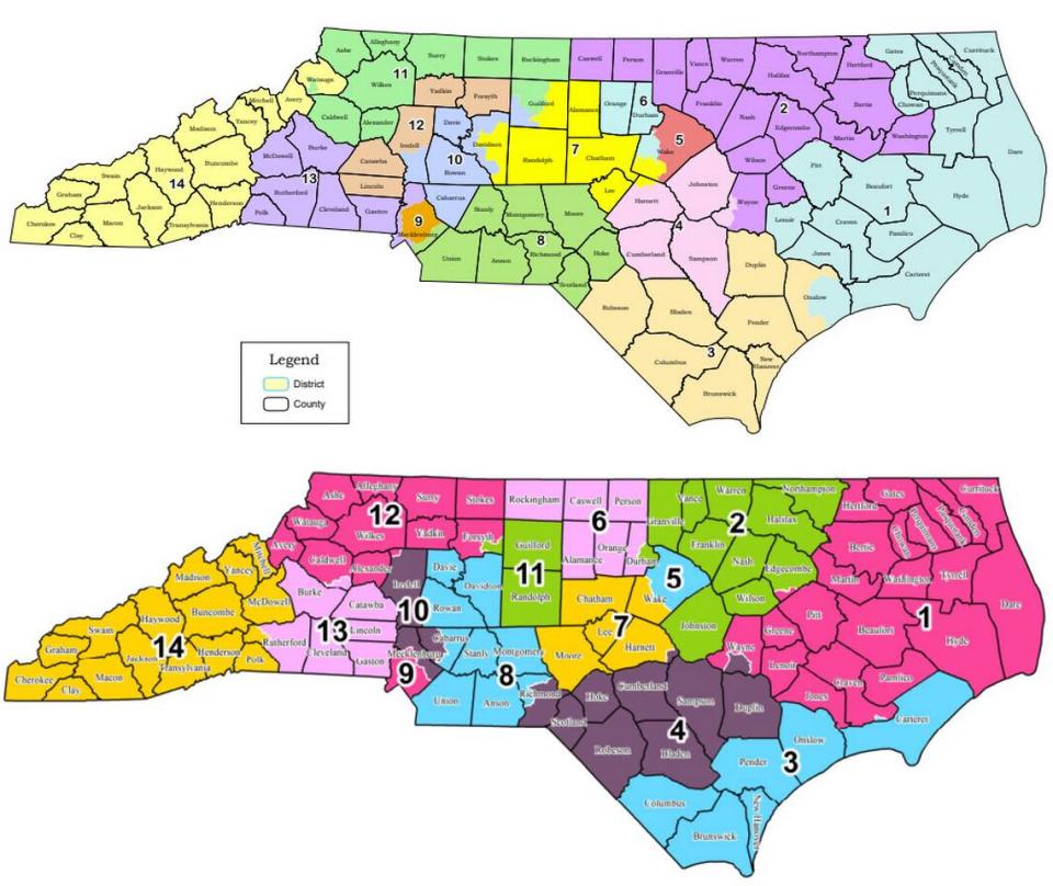 On top, the 2021 congressional map approved by N.C. Republican lawmakers that is being challenged in court as unconstitutional gerrymandering. Below, the computer-generated map proposed as a replacement by the plaintiffs.