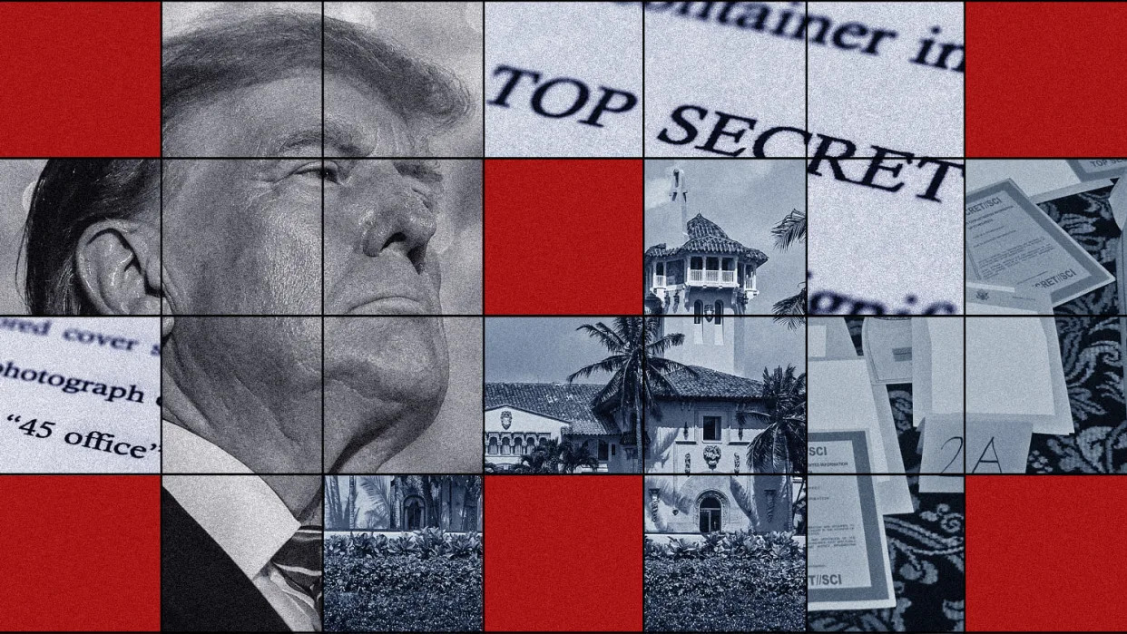 Photo illustration of scenes from Mar-a-Lago featuring Trump's residence in Mar-A-Lago, Donald Trump at an election-night watch party, pages from a Department of Justice court filing and documents seized during the Aug. 8 search of Mar-a-Lago. (Whitney Matewe / NBC News; Getty Images)