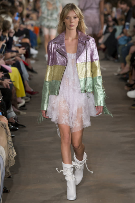 A model in the Philosophy di Lorenzo Serafini Spring 2017 runway show in Milan.