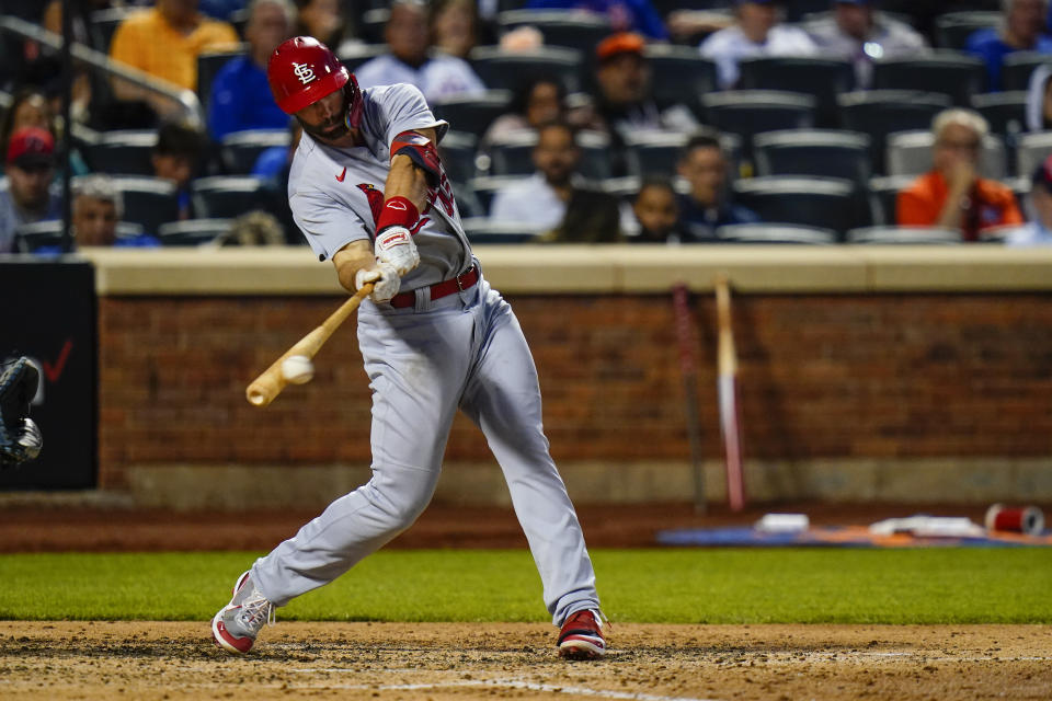 St. Louis Cardinals' Paul Goldschmidt hits an RBI double during the fifth inning in the second baseball game of a doubleheader against the New York Mets Tuesday, May 17, 2022, in New York. (AP Photo/Frank Franklin II)