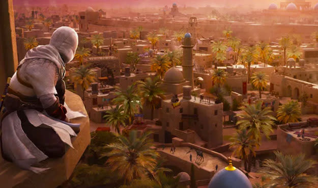 Promotional image of Assassin's Creed Mirage featuring, as usual, a robed figure sat atop a windowsill overlooking a historical city as if they're some sort of big deal. 