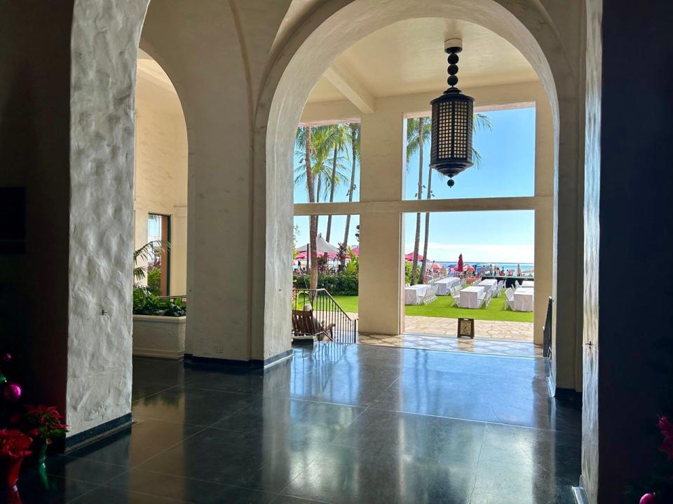 Archways in lobby of Royal Hawaiian Pink Hotel 