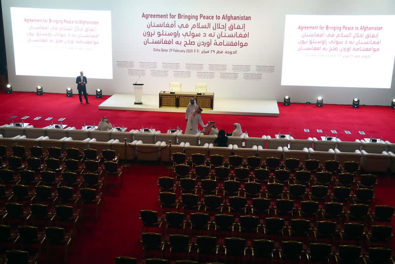 View of the hall, ahead of an agreement signing between members of Afghanistan's Taliban delegation and U.S. officials in Doha