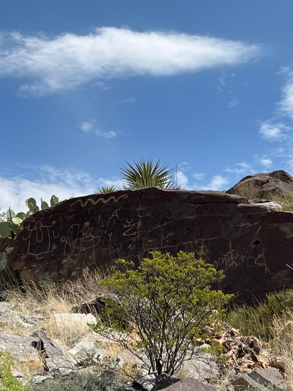 Petroglyphs seen in Alamo Mountain in Otero Mesa during a hike and gathering with New Mexico Representative Gabe Vasquez, Mescalero Apache Tribe leaders and members of Ysleta Del Sur Pueblo on August 14, 2023