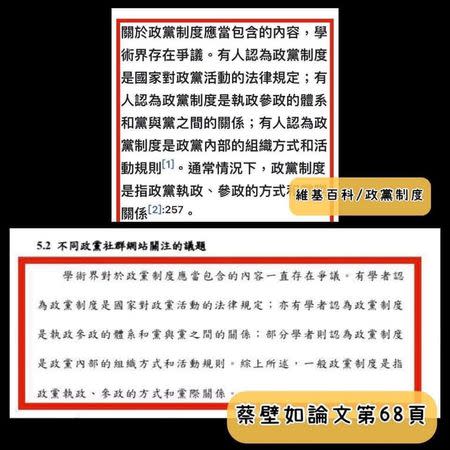 蔡壁如碩士論文被發現多段不當引用。   圖：翻攝自王浩宇臉書