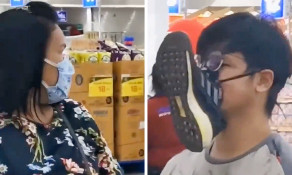 <p>泰國男逛賣場用球鞋當口罩。（圖／翻攝自推特影片）</p>
