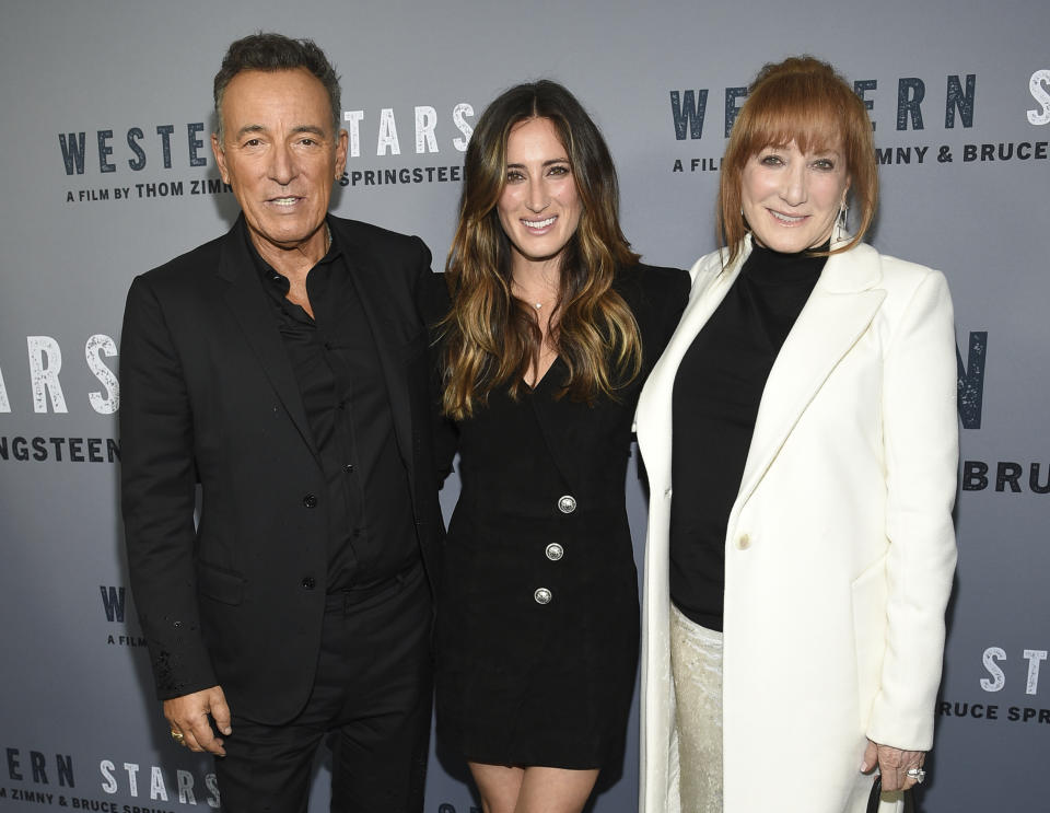 Singer-songwriter and co-director Bruce Springsteen, left, daughter Jessica Springsteen and wife Patti Scialfa attend the special screening of "Western Stars" at Metrograph on Wednesday, Oct. 16, 2019, in New York. (Photo by Evan Agostini/Invision/AP)