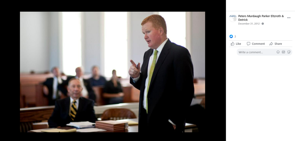 Alex Murdaugh in a courtroom on the Facebook page of the law firm Peters Murdaugh Parker Eltzroth & Detrick.