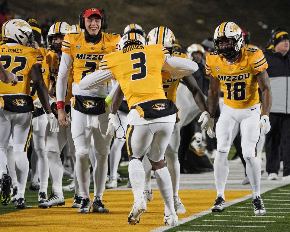 Nov 19, 2022; Columbia, Missouri, USA; Missouri Tigers wide receiver Luther Burden III (3) dances in celebration with team mates after scoring against the New Mexico State Aggies during the second half at Faurot Field at Memorial Stadium.