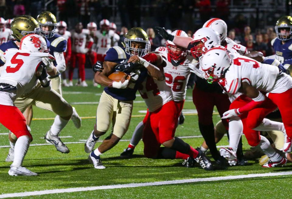 Salesianum's B.J. Alleyne scores the game-winning touchdown with three seconds on the clock in Salesianum's 41-40 win in the first round of the DIAA Class 3A tournament, Friday, Nov. 17, 2023 at Abessinio Stadium.