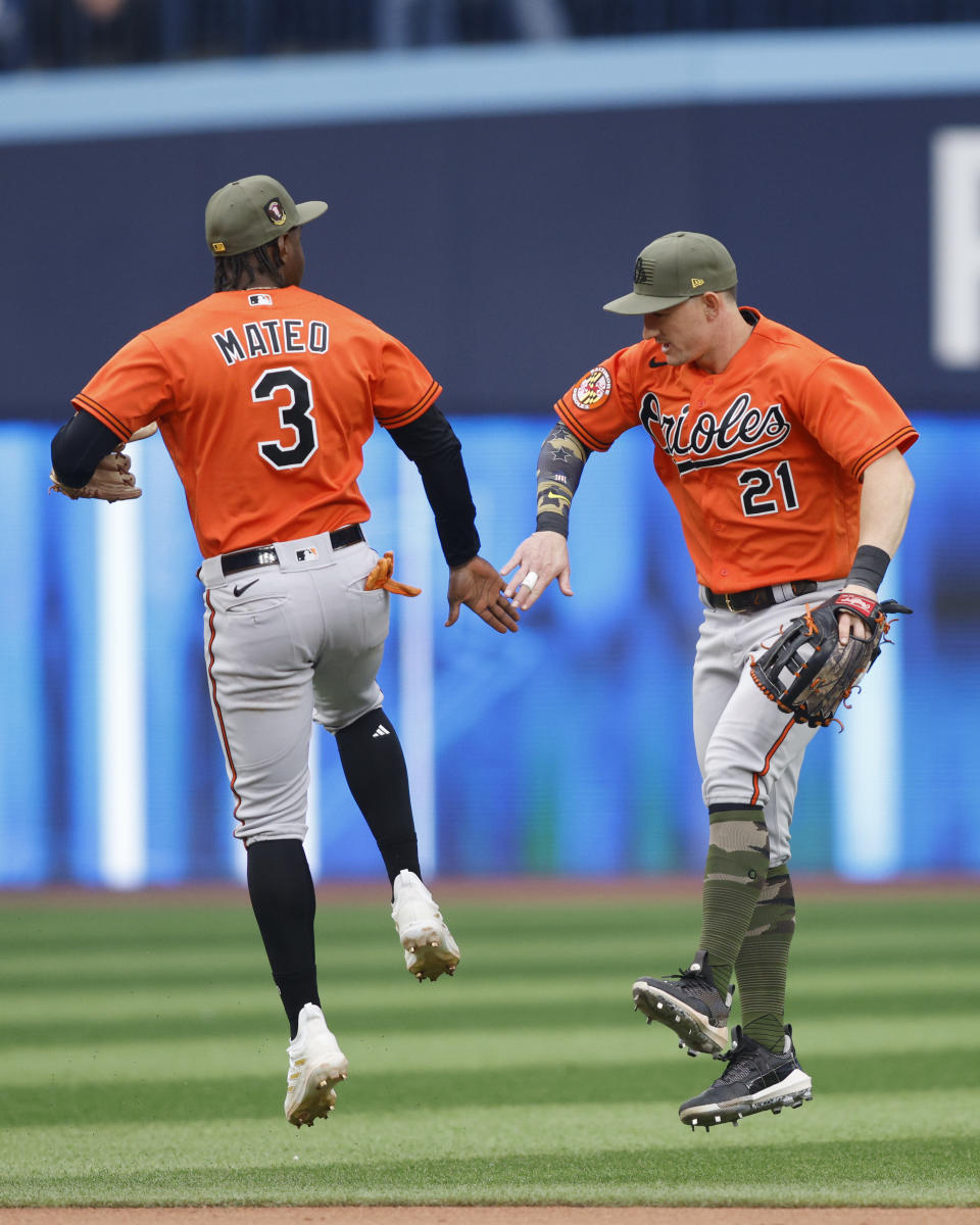 Baltimore Orioles shortstop Jorge Mateo (3) and left fielder Austin Hays (21) celebrate after the final out in the 10th inning of a baseball game against the Toronto Blue Jays in Toronto, Saturday, May 20, 2023. (Cole Burston/The Canadian Press via AP)