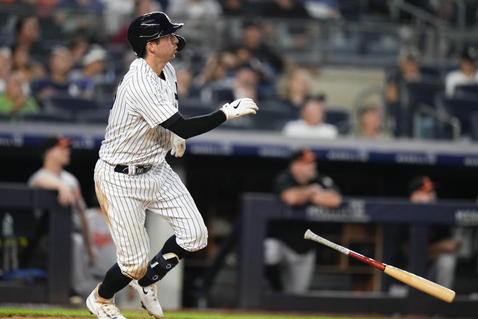 New York Yankees' Kyle Higashioka tosses his bat after hitting a home run during the fifth inning of a baseball game against the Baltimore Orioles, Monday, July 3, 2023, in New York. (AP Photo/Frank Franklin II)