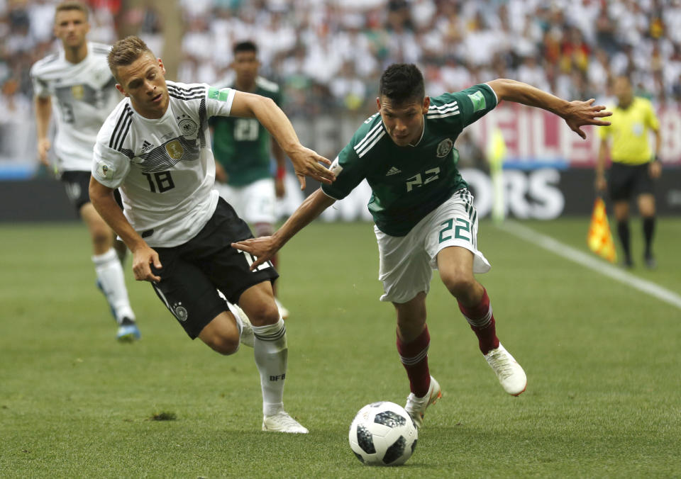 <p>Mexico’s Hirving Lozano and Germany’s Joshua Kimmich challenge for the ball during (AP) </p>