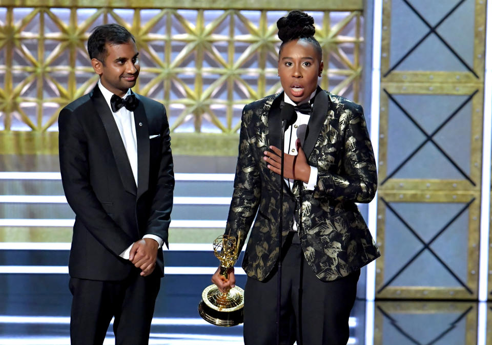 Writers Aziz Ansari and Lena Waithe accept the Outstanding Writing for a Comedy Series award for "Master of None" onstage during the 69th Annual Primetime Emmy Awards at Microsoft Theater on Sept. 17, 2017 in Los Angeles, California.