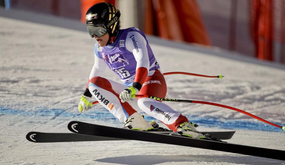 Switzerland's Lara Gut competes during an alpine ski, women's World Cup downhill race, in Cortina d'Ampezzo, Italy, Saturday, Jan. 28, 2017. (AP Photo/Domenico Stinellis)