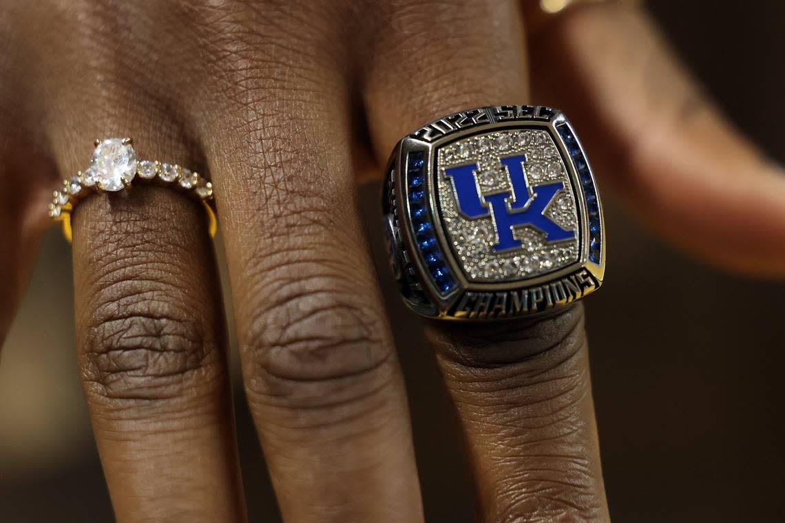 Former Kentucky star Rhyne Howard displays her SEC Tournament championship ring from last season.