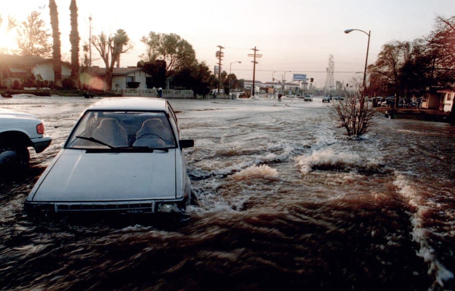 Rivers of water from underground broken pipes fill the streets with water after Northridge 6.7 earthquake caused major damage throughout Los Angeles, January 17,1994 in Los Angeles, California. (Photo by Bob Riha, Jr./Getty Images)