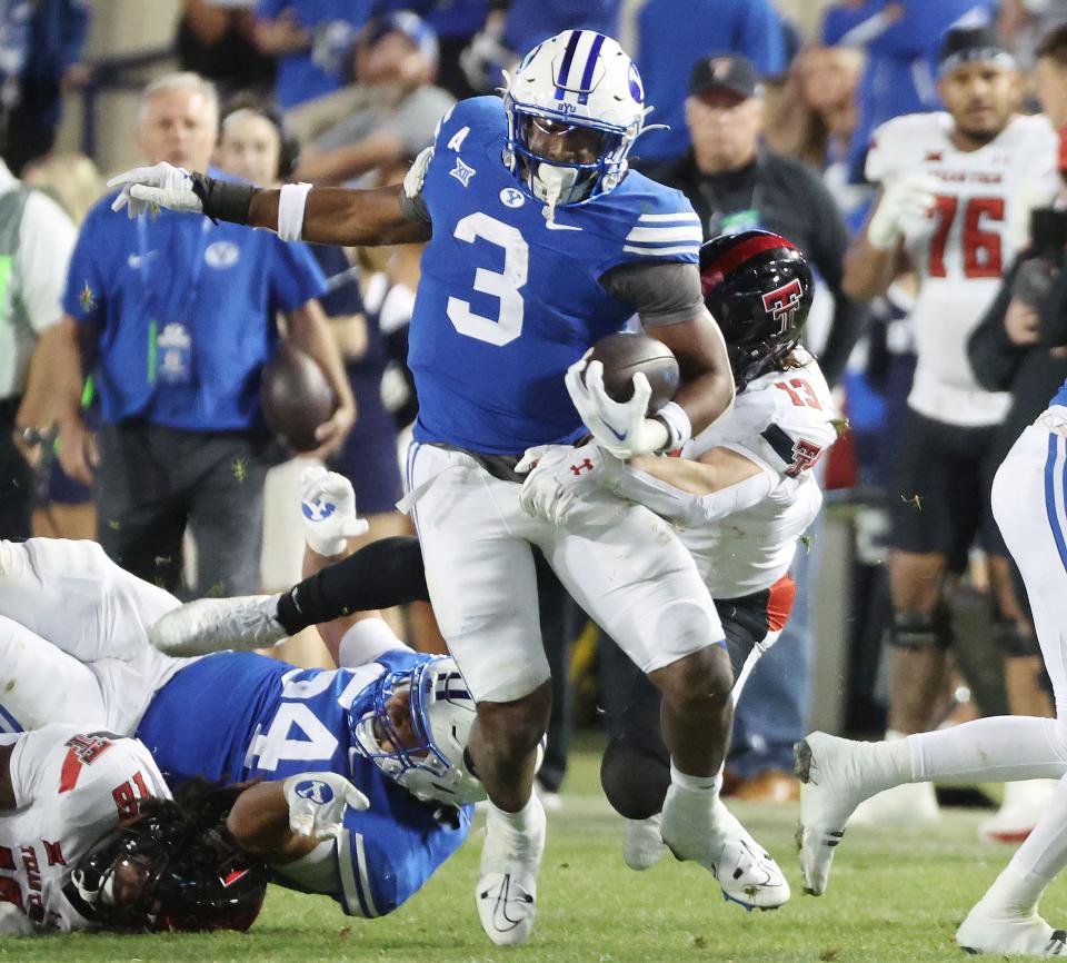 Brigham Young Cougars running back Aidan Robbins (3) runs against the Texas Tech Red Raiders in Provo on Saturday, Oct. 21, 2023. BYU won 27-14. | Jeffrey D. Allred, Deseret News