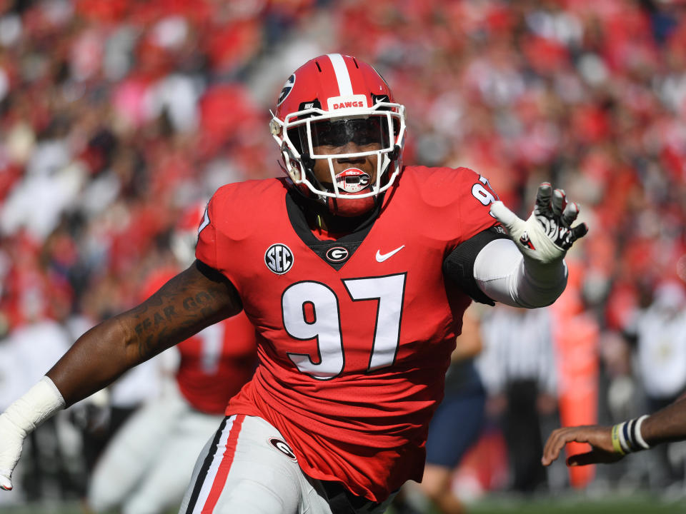 ATHENS, GA - NOVEMBER 20: Georgia Bulldogs Defensive Tackle Warren Brinson (97) during the college football game between the Charleston Southern Buccaneers and the Georgia Bulldogs on November 20, 2021, at Sanford Stadium in Athens, Ga.(Photo by Jeffrey Vest/Icon Sportswire via Getty Images)