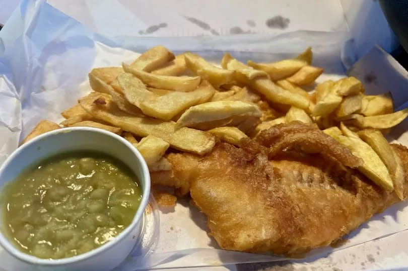 The fish, chips and mushy peas at Sykes Fish & Chips in Pendlebury
