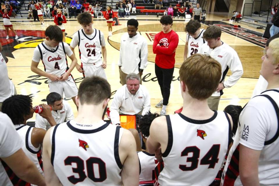 George Rogers Clark coach Josh Cook instructs his team during a timeout against Frederick Douglass at GRC Arena in Winchester on Tuesday.