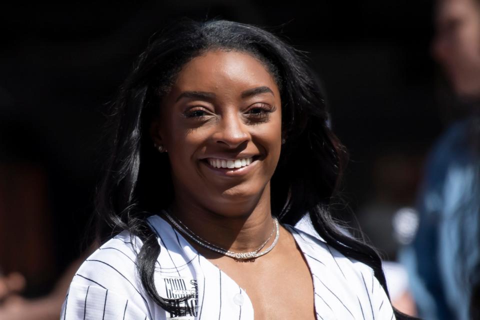 Simone Biles is seen prior to a baseball game between the Chicago White Sox and Cincinnati Reds at Guaranteed Rate Field on April 13, 2024.