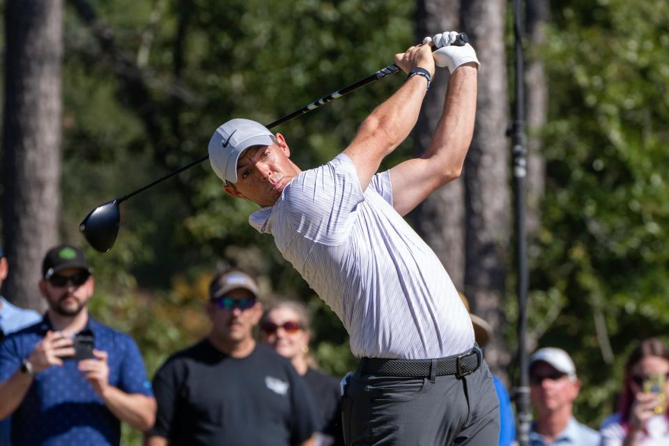 Rory McIlroy hits his tee shot at the fourth hole of the Congaree Golf Club in Ridgeland, S.C., in the CJ Cup last year. McIlroy has won the last two tournaments.