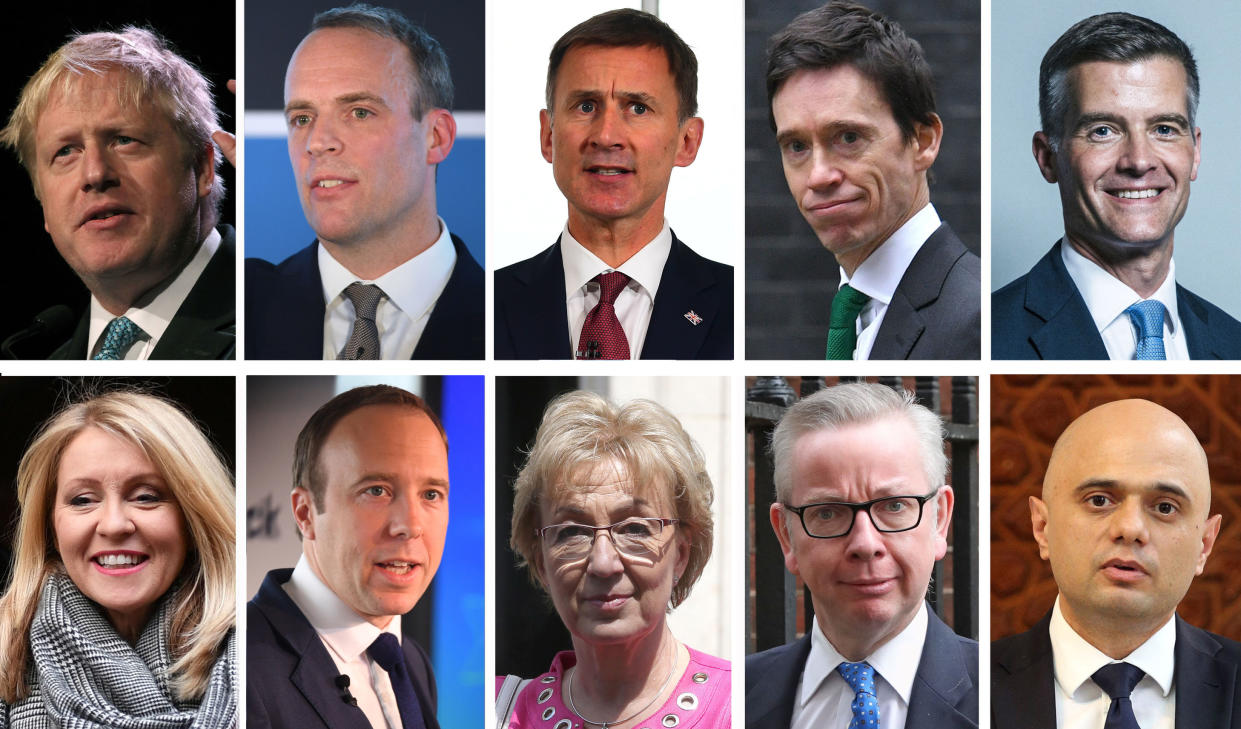 File photos of the ten contenders in the Conservative leadership race (top row, left to right) former Foreign Secretary Boris Johnson, former Brexit Secretary Dominic Raab, Foreign Secretary Jeremy Hunt, International Development Secretary Rory Stewart and former Conservative chief whip Mark Harper, (bottom row, left to right) former Work and Pensions Secretary Esther McVey, Health Secretary Matt Hancock, former House of Commons Leader Andrea Leadsom, Environment Secretary Michael Gove, and Home Secretary Sajid Javid.