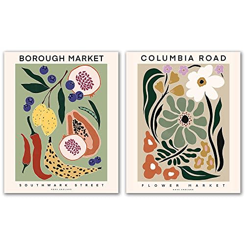 FALJIOK Colorful Matisse Flower Wall Art Print. Borough Market Inspired Posters, Fruits Flower Poster for The Bedroom Bathroom Hallway Nursery Office, Set of 2 (8”X10”), Unframed