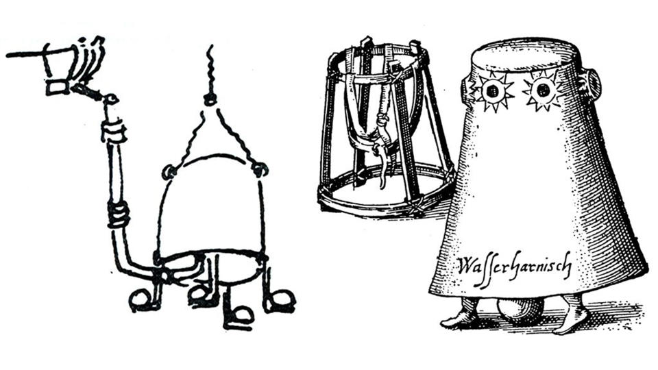 The researchers think the diving bell was based on a 1606 design by the Spanish inventor Jerónimo de Ayanz, which was later used to gather pearls in Venezuela (left). A diving bell designed in 1616 by the German inventor Franz Kessler is also shown (right).