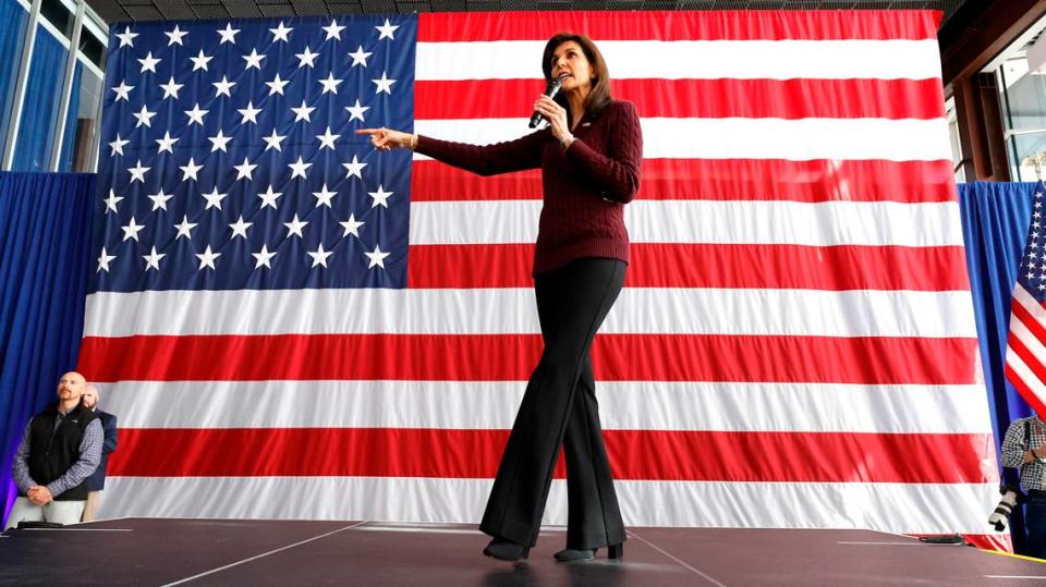 Republican presidential candidate Nikki Haley speaks during a rally at Union Station in Raleigh, N.C., Saturday, March 2, 2024.