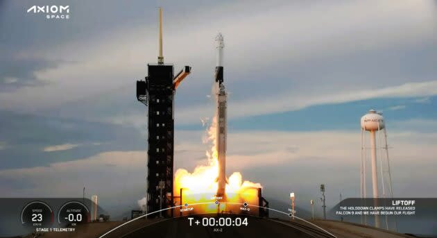 SpaceX’s Falcon 9 rocket rises from its pad, sending four astronauts into space. (Axiom Space via YouTube)