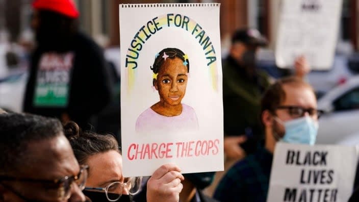 Protesters call for police accountability in the death of 8-year-old Fanta Bility, who was shot outside a football game, at the Delaware County Courthouse in Media, Pa., on Jan. 13, 2022. (AP Photo/Matt Rourke, File)