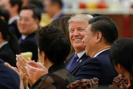 U.S. President Donald Trump and China's President Xi Jinping attend a state dinner at the Great Hall of the People in Beijing, China, November 9, 2017. REUTERS/Thomas Peter