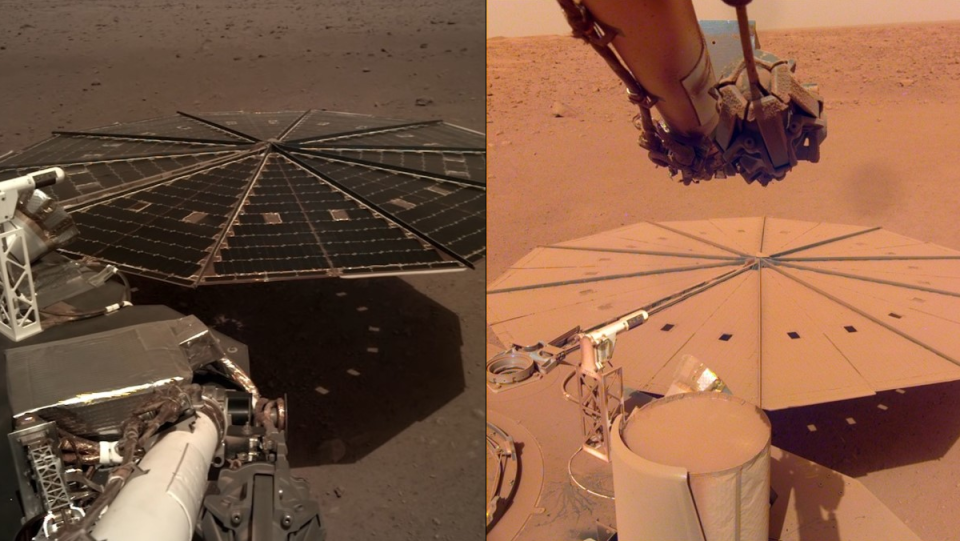 Side by side comparison of NASA's Mars InSight's solar panels before and after being covered in dust