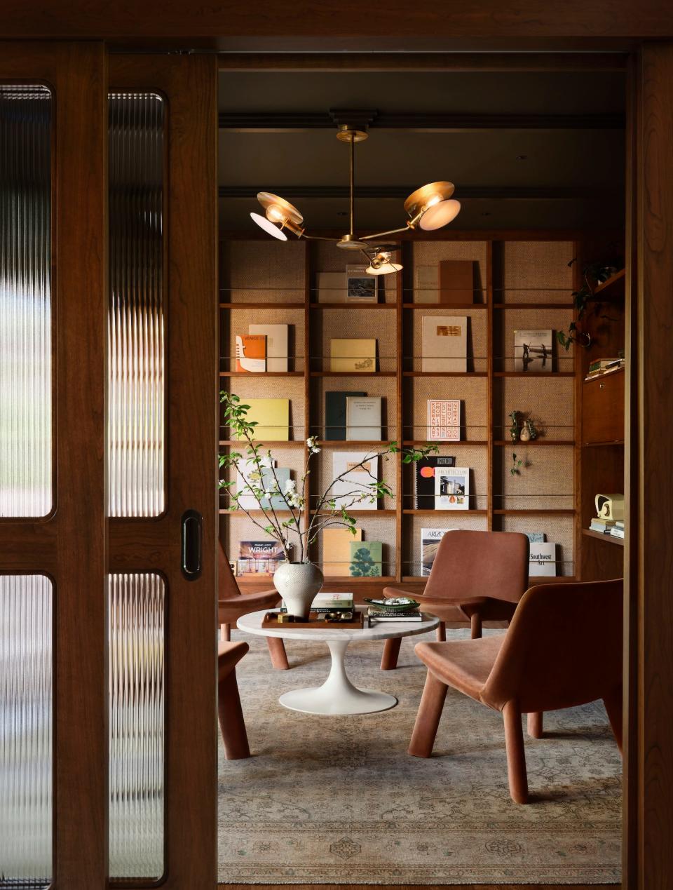 A study with shelves built into the walls.