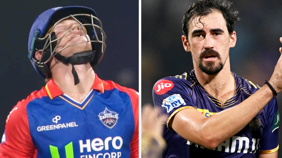 Aussie bowler Mitchell Starc (pictured right) got the better of batting prodigy Jake Fraser-McGurk (pictured left) in the IPL. (Images: IPL/Getty Images)