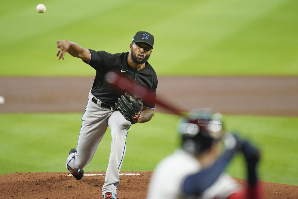 Miami Marlins' Sandy Alcantara delivers a pitch during the first inning in Game 1 of a baseball National League Division Series against the Atlanta Braves Tuesday, Oct. 6, 2020, in Houston. (AP Photo/Eric Gay)